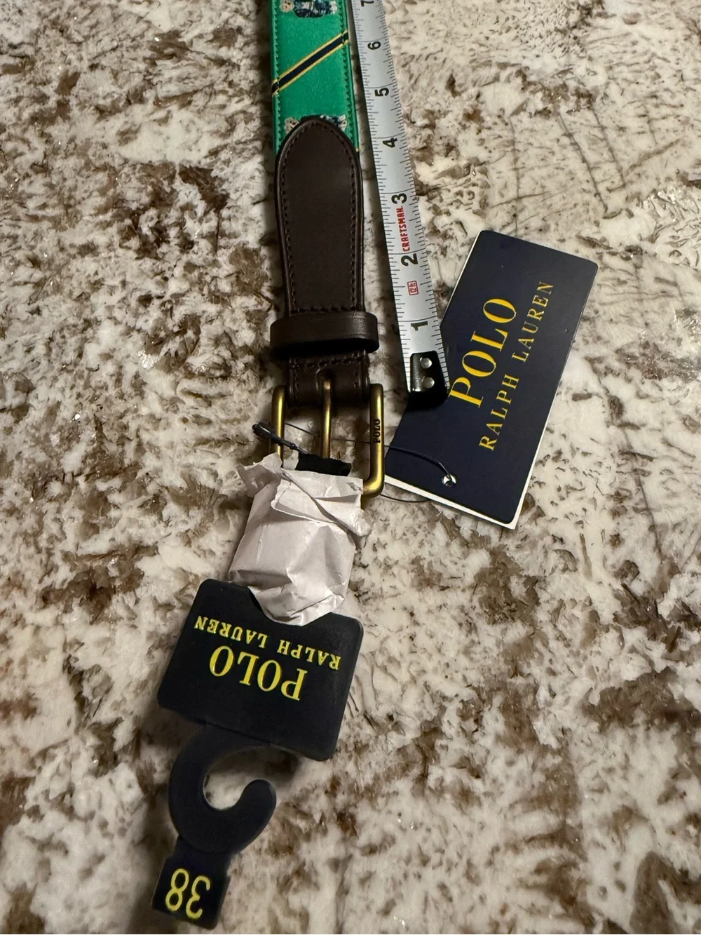Polo Ralph Lauren Polo Bear Ribbon Leather Belt Green Brown NWT Men’s Size 38